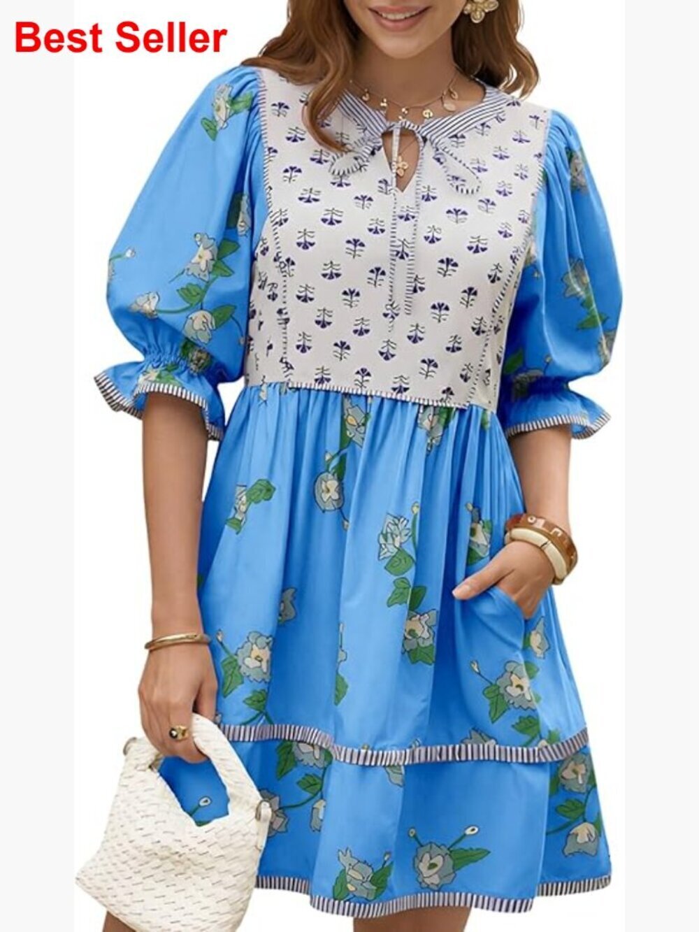 Floral Mini Dress with Puff Sleeves, V-Neck, and Patchwork Detail